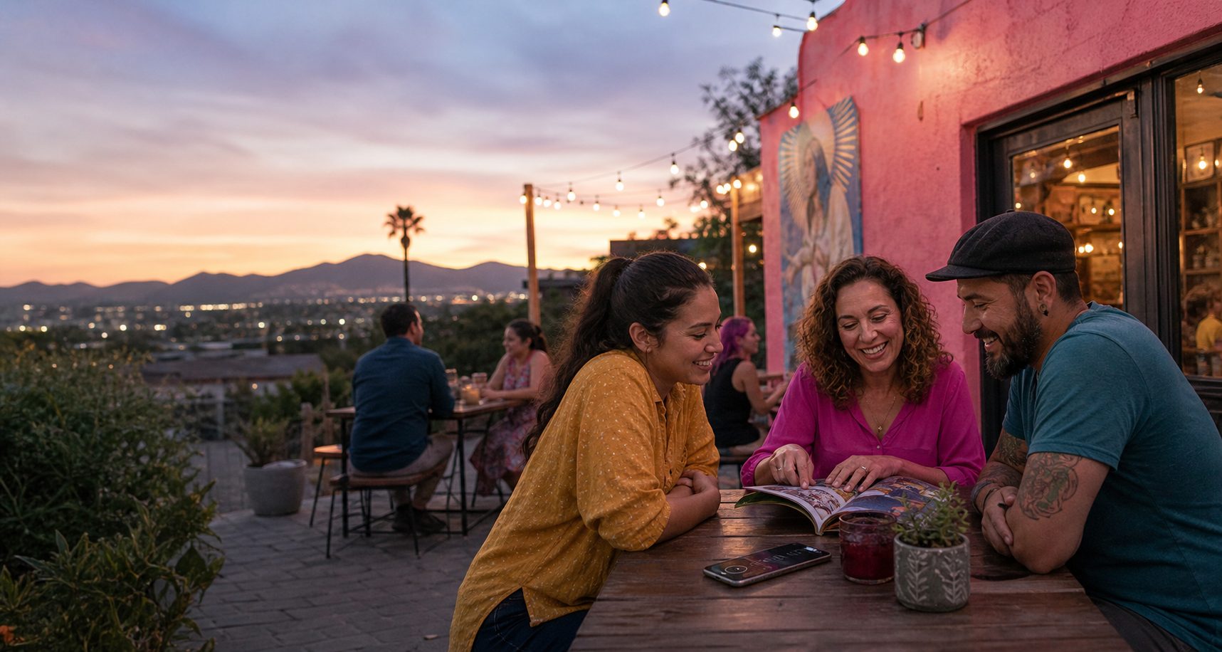 Las Vegas locals reading a local magazine on a neighborhood patio at sunset